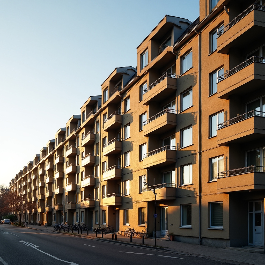 Reihe von Mehrfamilienhäusern in einer deutschen Stadt bei Tageslicht