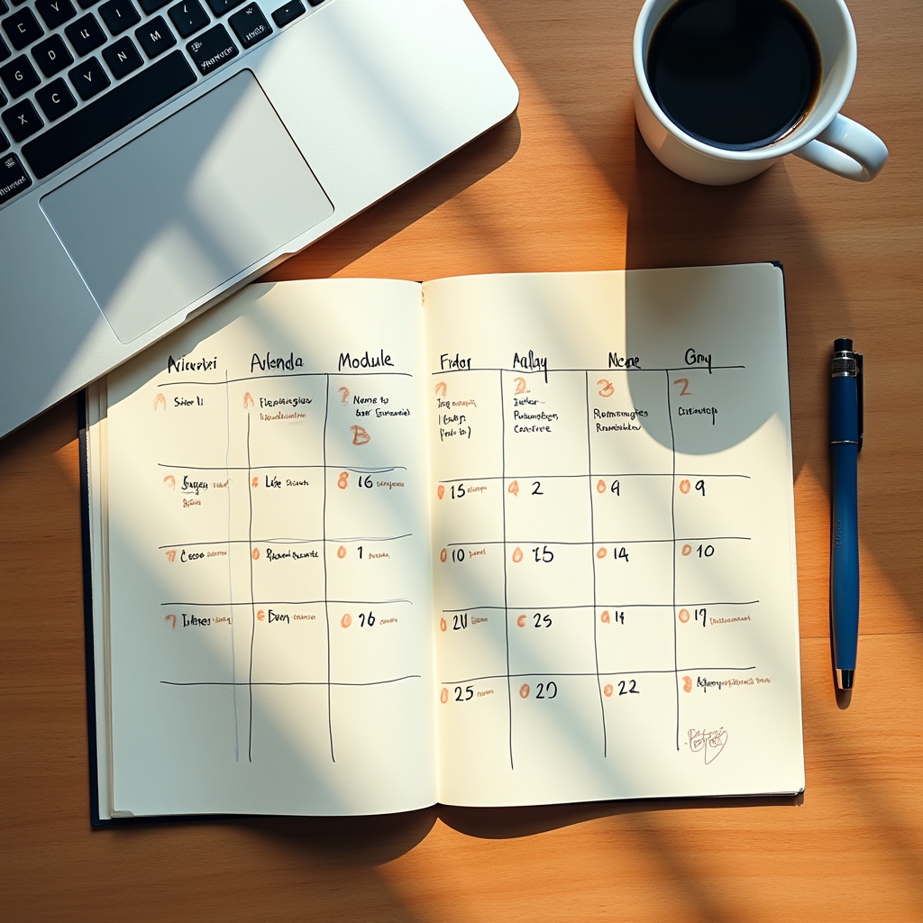 Schreibtisch mit Kalender, Notizblock und Laptop zur Planung von Webinar-Terminen