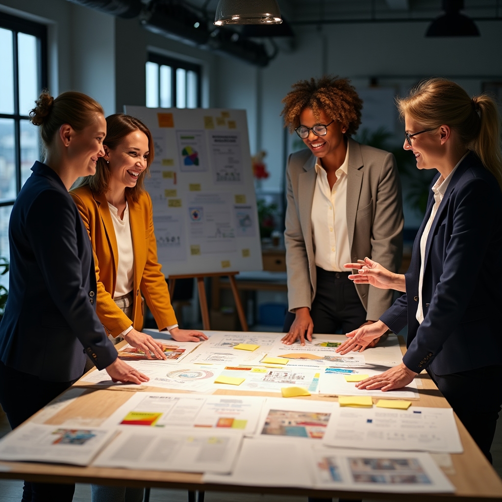 Team von vier Personen bespricht Inhalte für ein Webinar an einem Tisch mit Notizen
