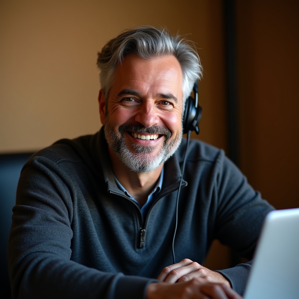 Thomas Reimann, Moderation und Webinar-Technik, Portrait am Schreibtisch